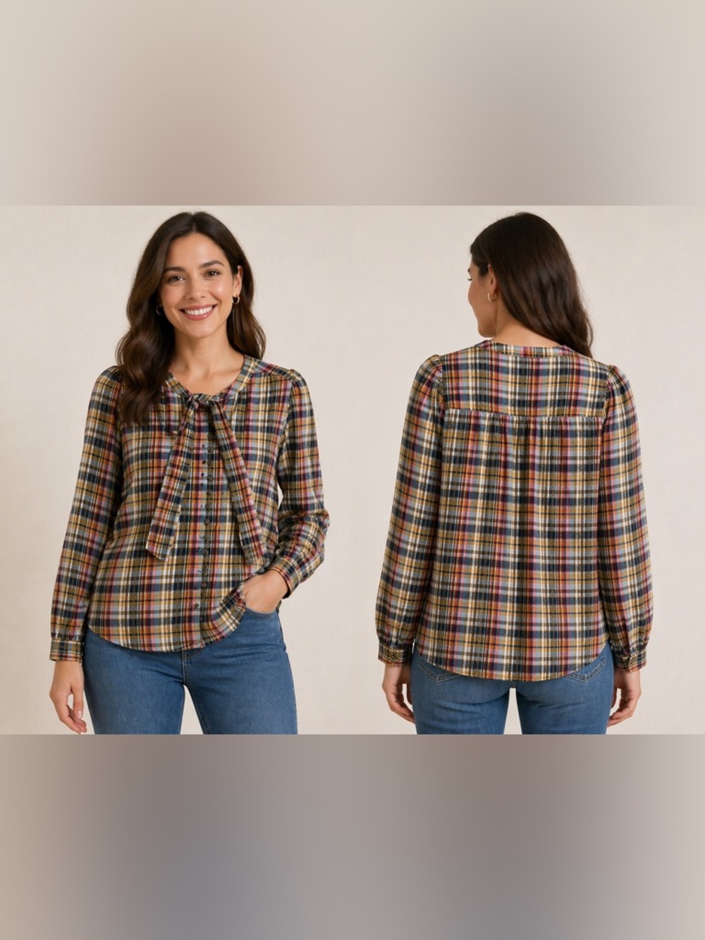 Anthropologie Pilcro Plaid Long Sleeve Top Front Tie Button Front Blouse Shirt S